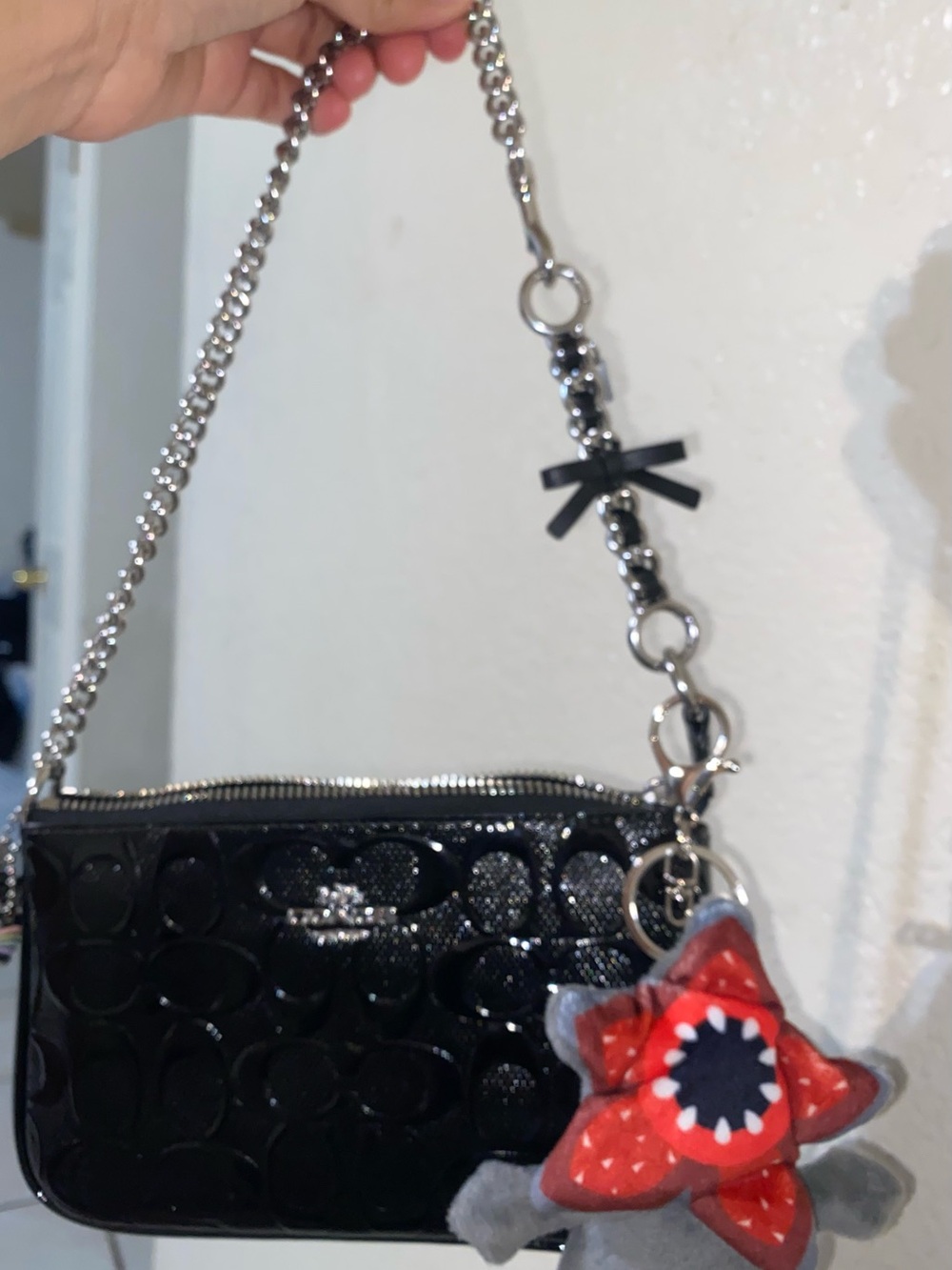 Coach Black Patent Leather Shoulder Bag with Leather Bow Bag Extender